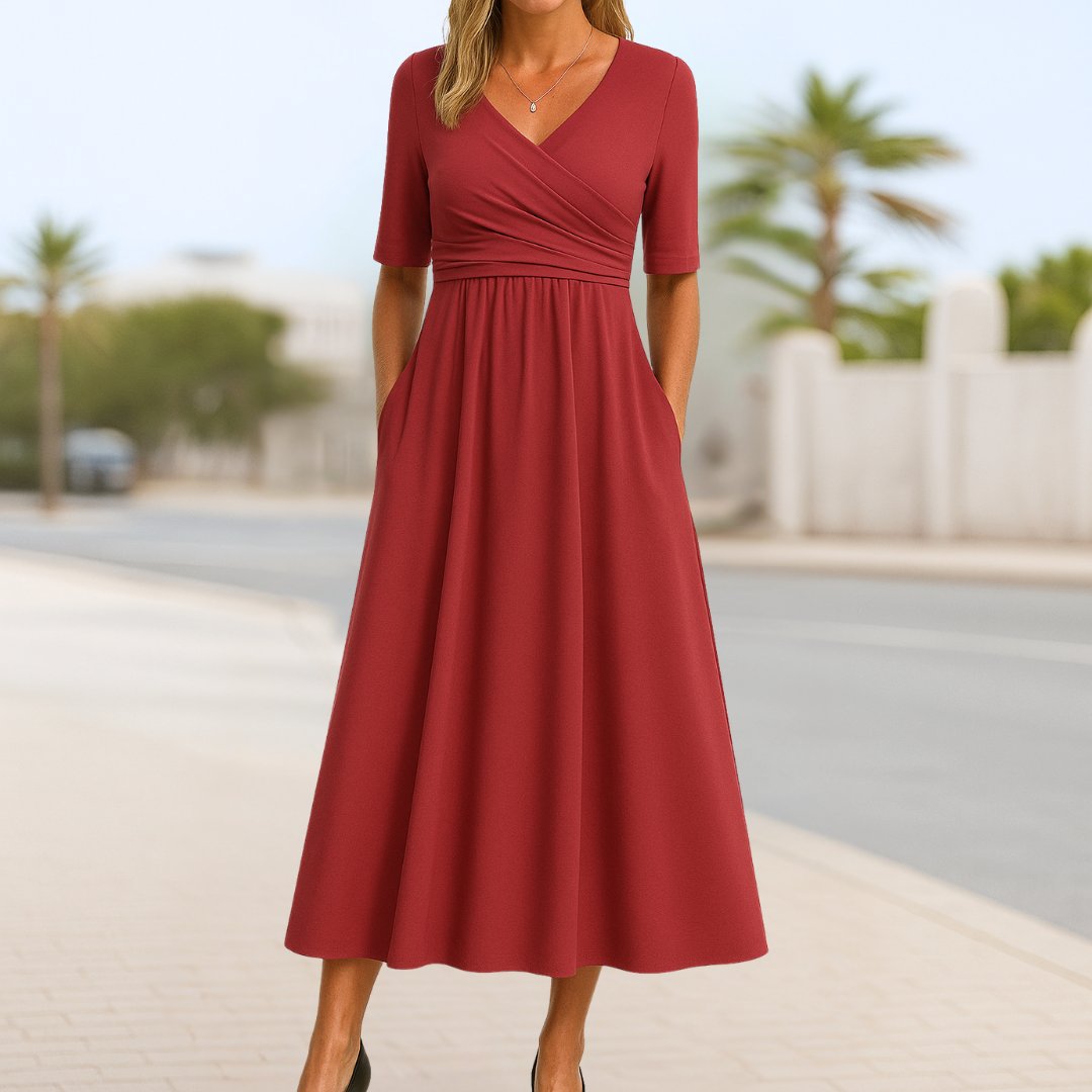 Women's Short-Sleeve A-Line Wrap Midi Dress