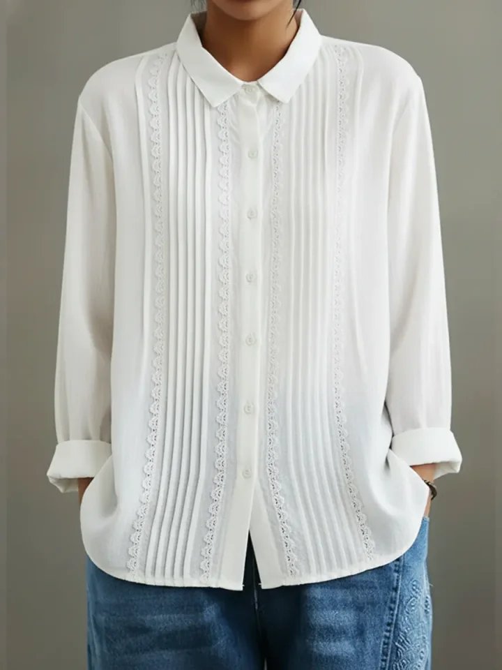Women's Long-Sleeve White Lace Pleated Button-Down Blouse