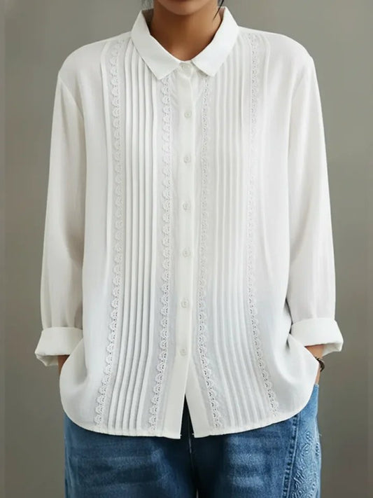 Women's Long-Sleeve White Lace Pleated Button-Down Blouse