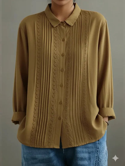 Women's Long-Sleeve White Lace Pleated Button-Down Blouse