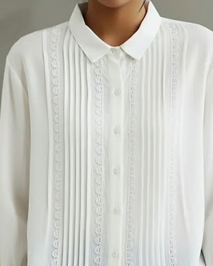 Women's Long-Sleeve White Lace Pleated Button-Down Blouse