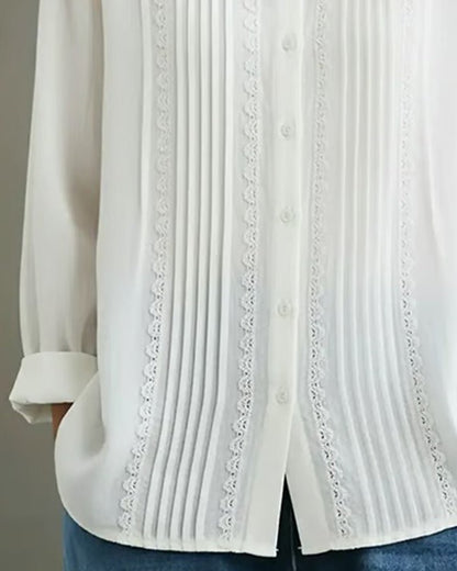 Women's Long-Sleeve White Lace Pleated Button-Down Blouse