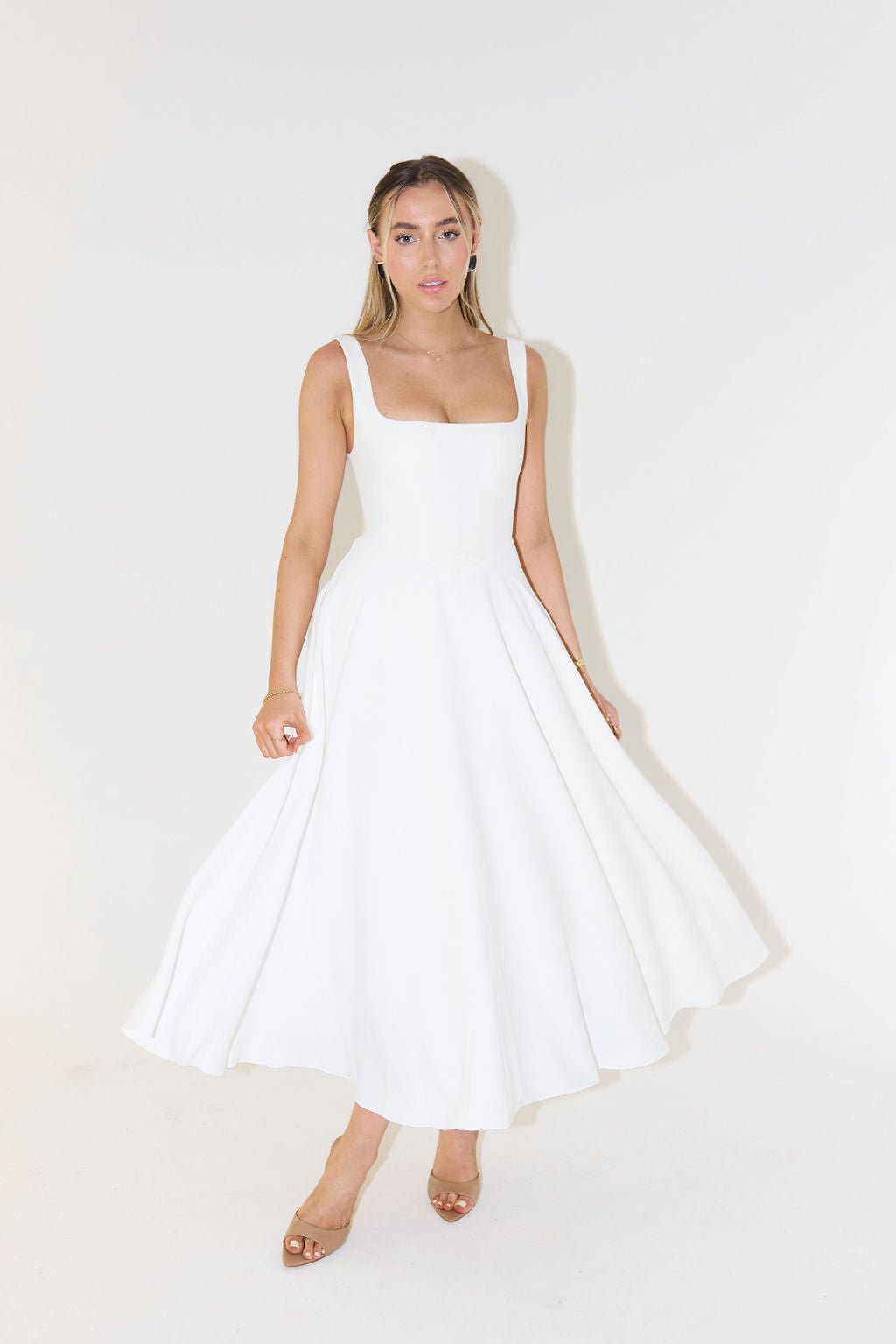 Women's Square-Neck Sleeveless A-Line Midi Dress in White