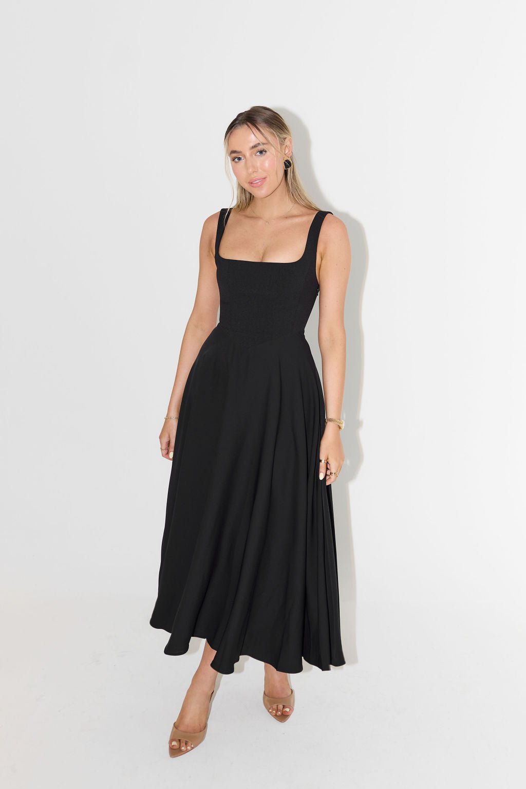 Women's Square-Neck Sleeveless A-Line Midi Dress in White