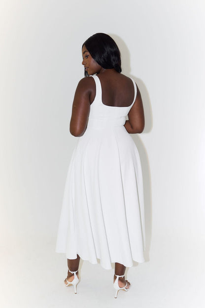 Women's Square-Neck Sleeveless A-Line Midi Dress in White