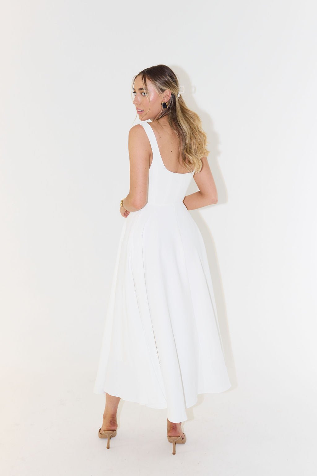 Women's Square-Neck Sleeveless A-Line Midi Dress in White