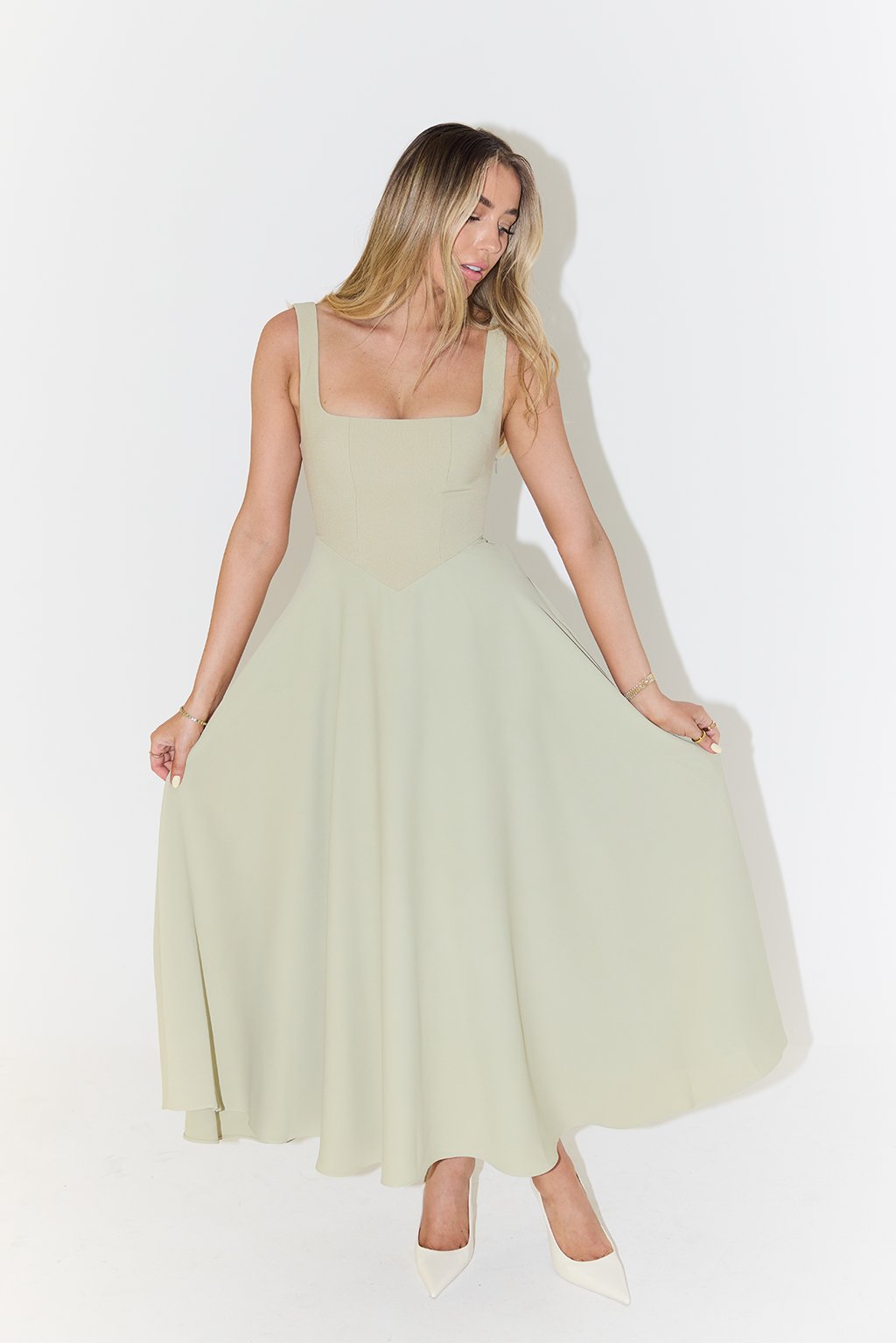 Women's Square-Neck Sleeveless A-Line Midi Dress in White