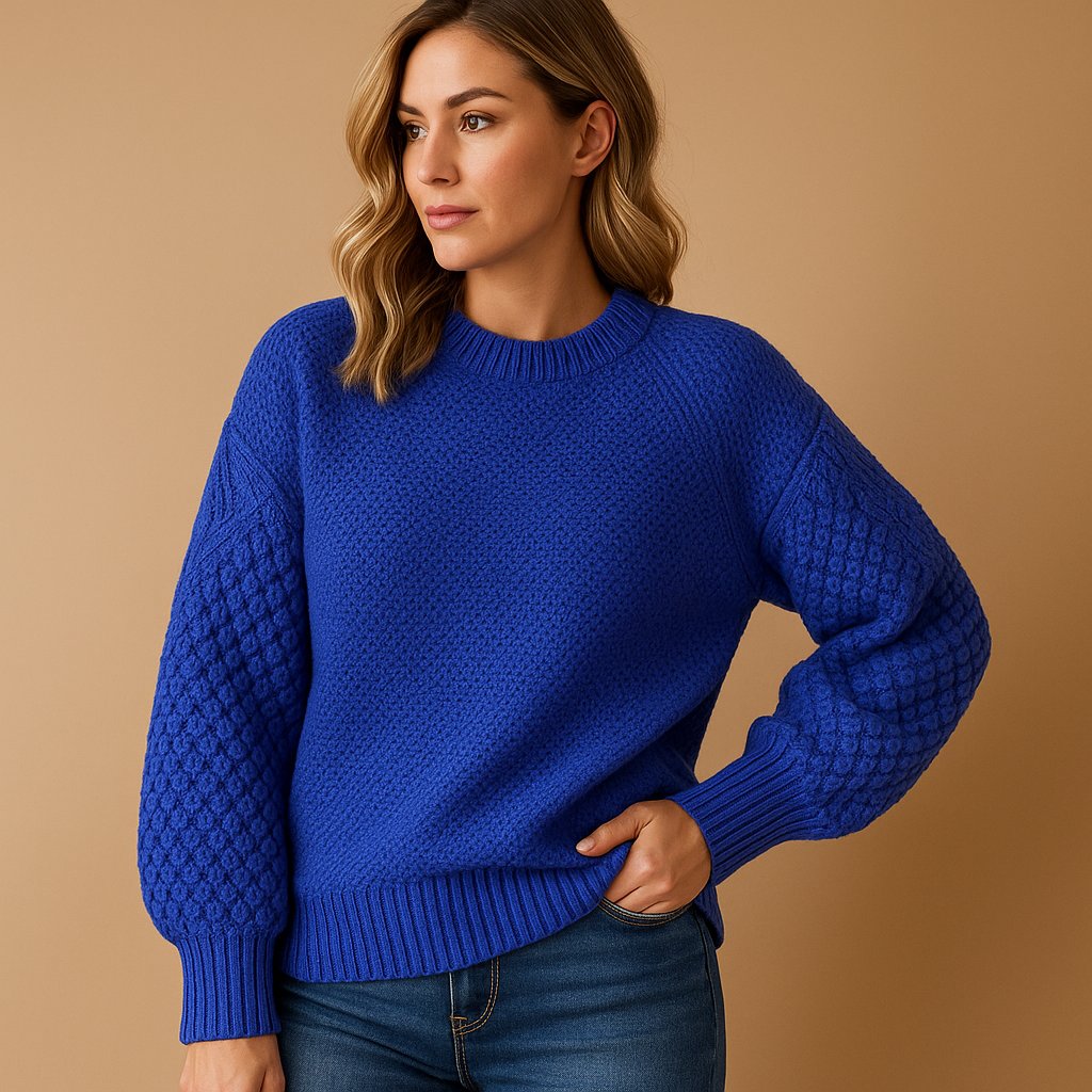 Cable-Sleeve Crewneck Soft Knit Pullover for Women