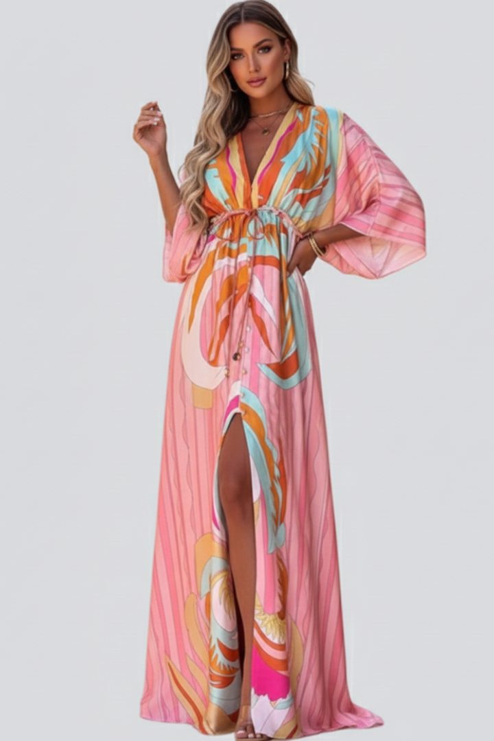 Women's Belted Printed V-Neck Maxi Dress