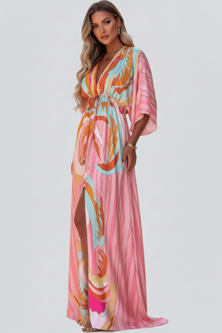Women's Belted Printed V-Neck Maxi Dress