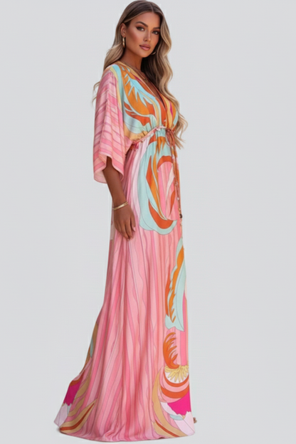Women's Belted Printed V-Neck Maxi Dress