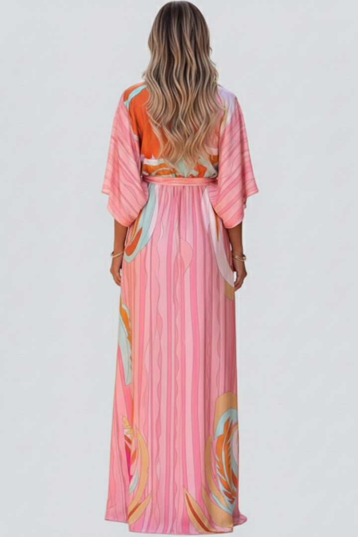 Women's Belted Printed V-Neck Maxi Dress