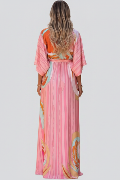 Women's Belted Printed V-Neck Maxi Dress