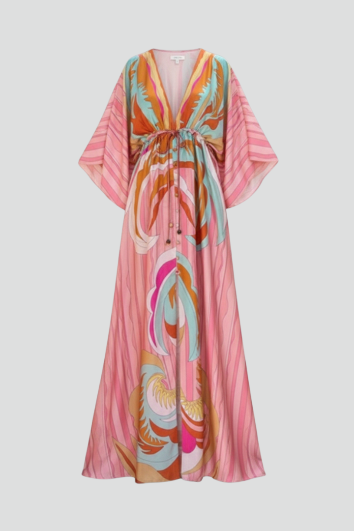 Women's Belted Printed V-Neck Maxi Dress