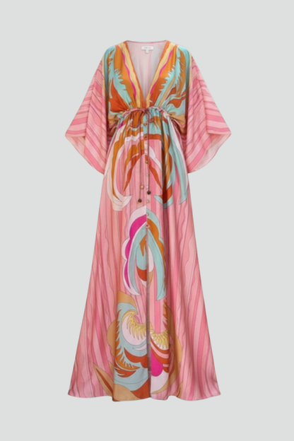 Women's Belted Printed V-Neck Maxi Dress