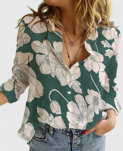 Women's Button-Front V-Neck Linen Blouse