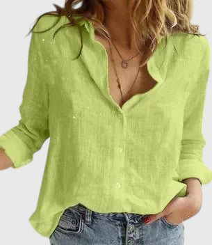 Women's Button-Front V-Neck Linen Blouse
