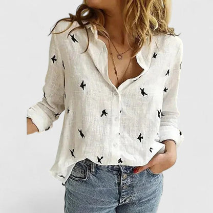 Women's Button-Front V-Neck Linen Blouse