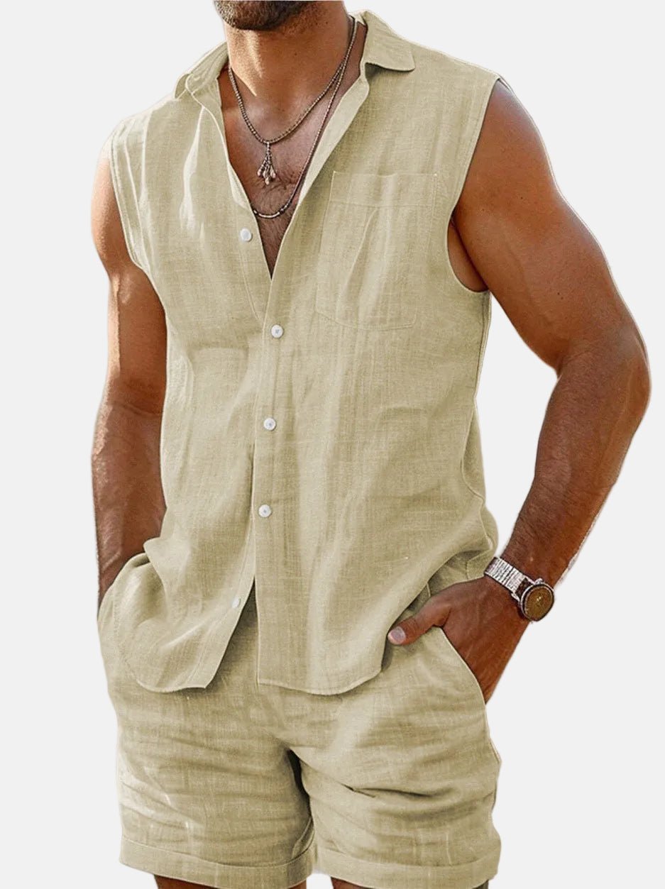 Men's Linen Button-Up Tank Shirt and Shorts Two-Piece Set