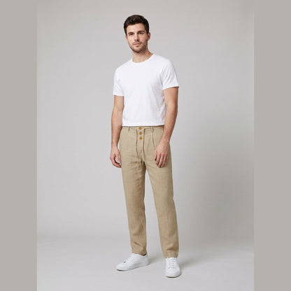 Men's Relaxed Linen Trousers with Elastic Drawstring Waist and Buttons
