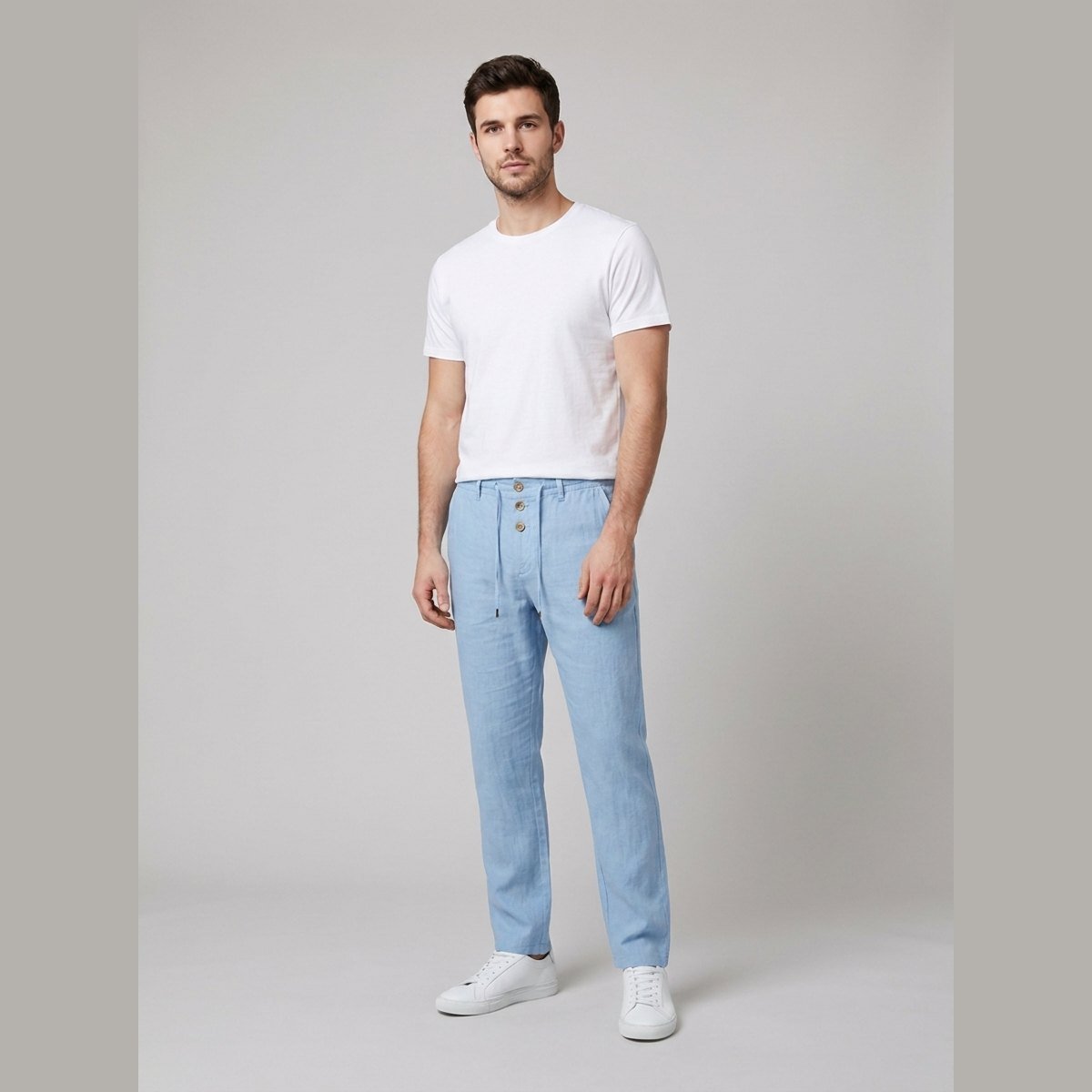 Men's Relaxed Linen Trousers with Elastic Drawstring Waist and Buttons