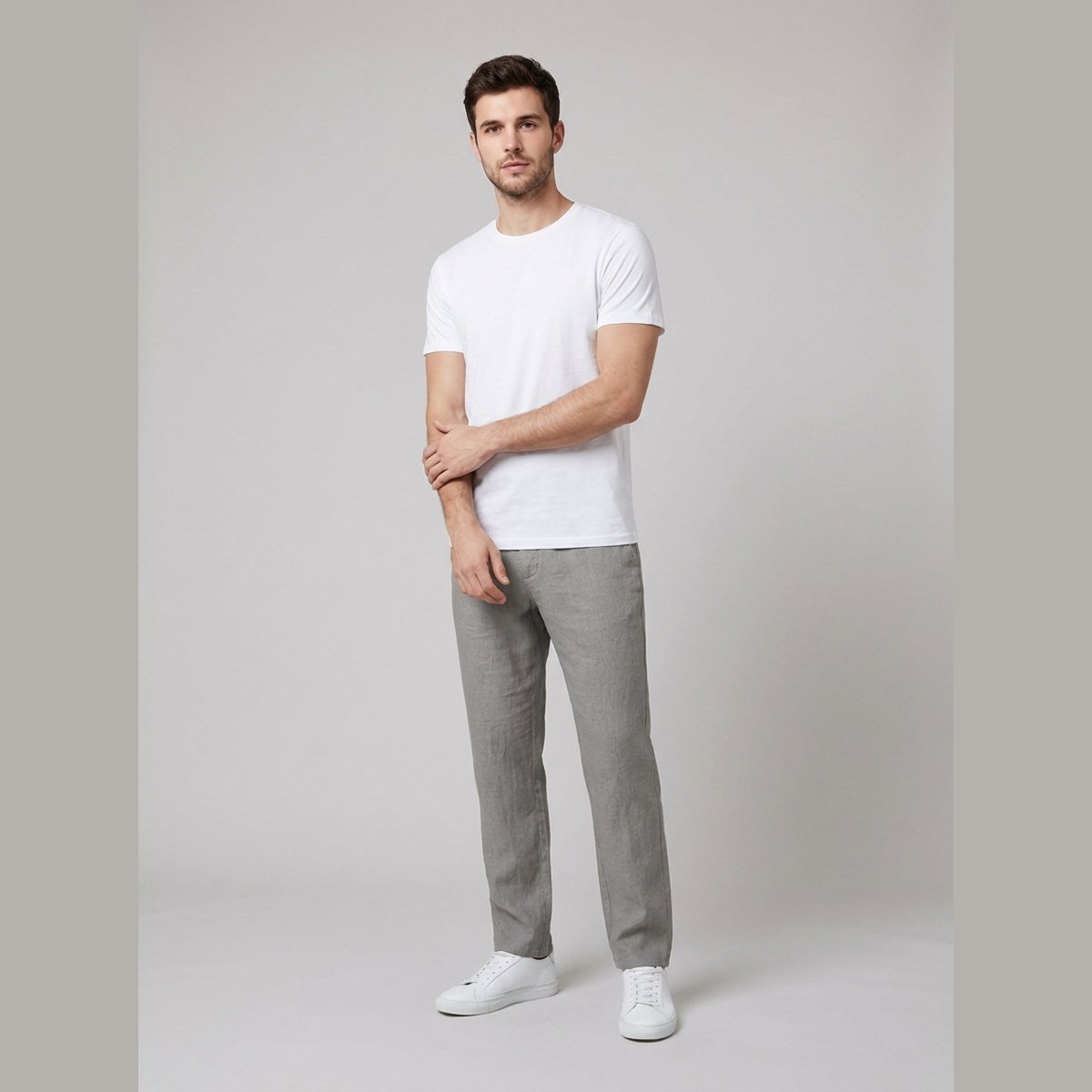Men's Relaxed Linen Trousers with Elastic Drawstring Waist and Buttons
