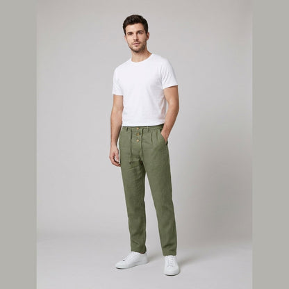 Men's Relaxed Linen Trousers with Elastic Drawstring Waist and Buttons