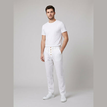 Men's Relaxed Linen Trousers with Elastic Drawstring Waist and Buttons