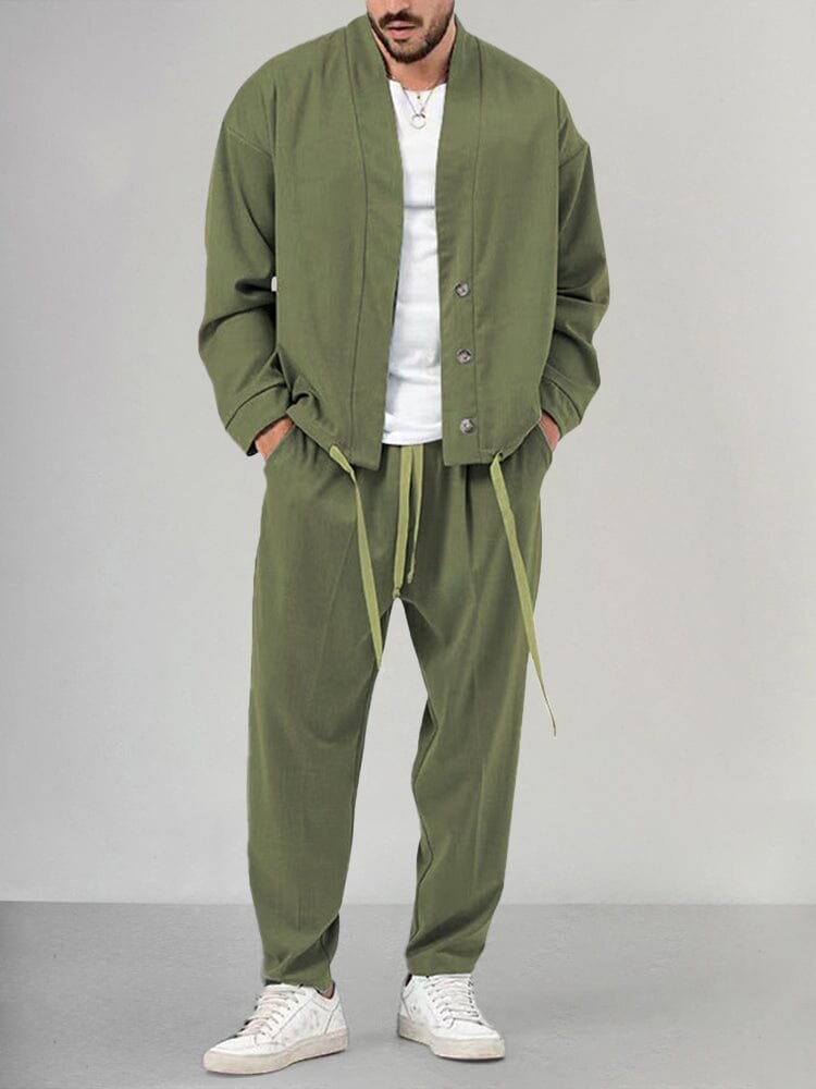 Men's Relaxed Two-Piece Set with Buttoned Overshirt and Trousers