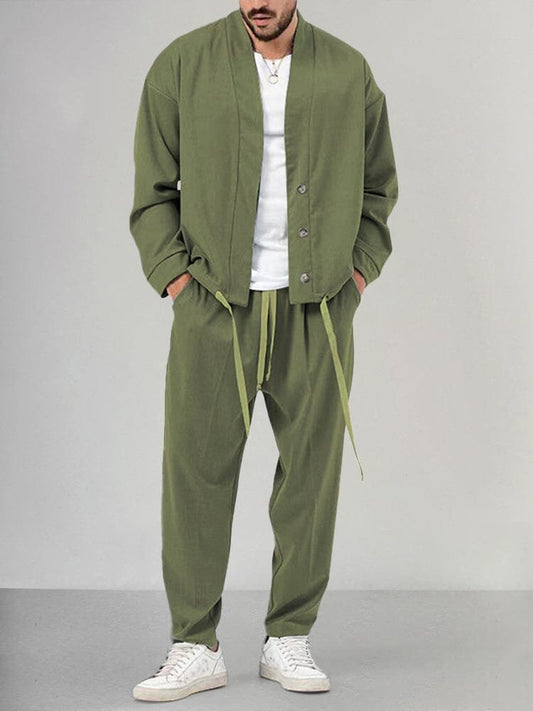 Men's Relaxed Two-Piece Set with Buttoned Overshirt and Trousers