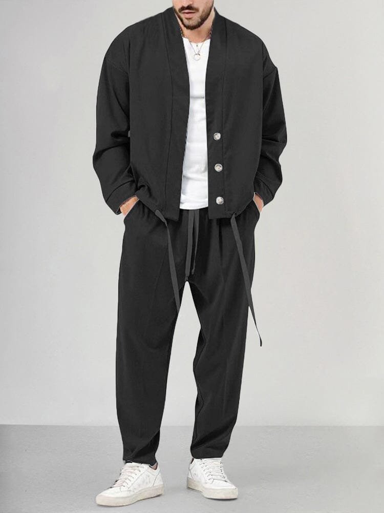 Men's Relaxed Two-Piece Set with Buttoned Overshirt and Trousers