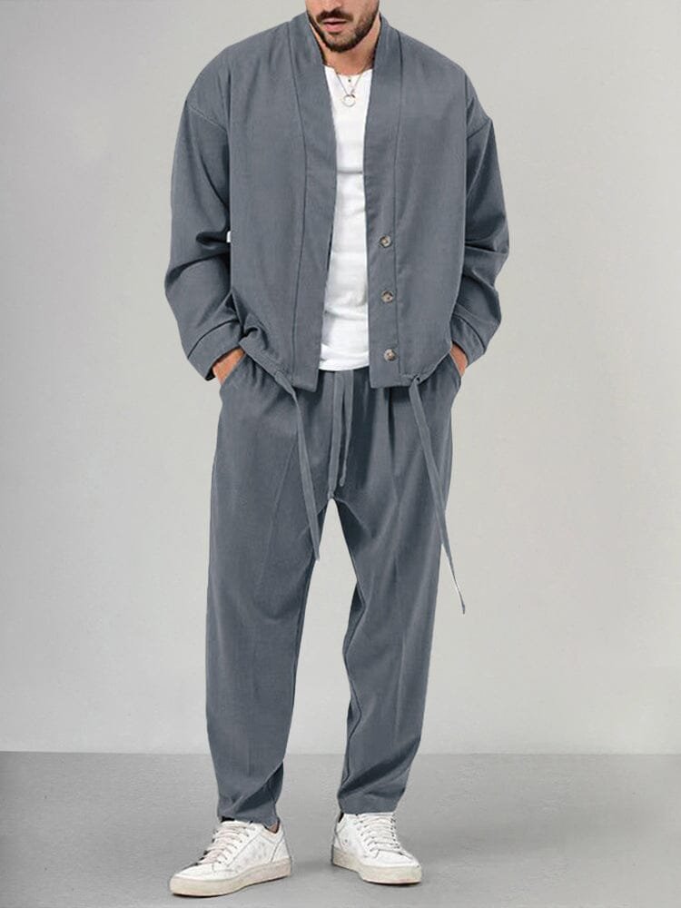 Men's Relaxed Two-Piece Set with Buttoned Overshirt and Trousers