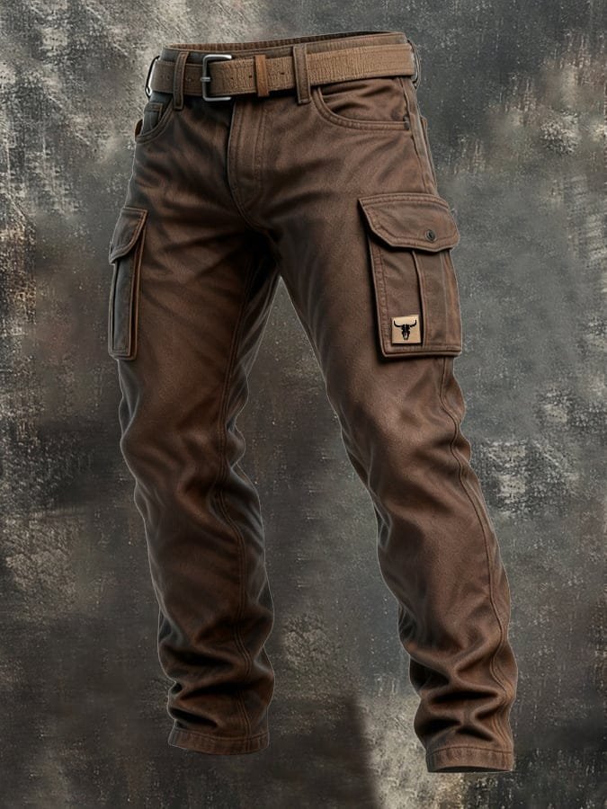 Men's Tapered Slim-Fit Cargo Trousers with Bull Patch