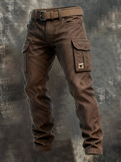 Men's Tapered Slim-Fit Cargo Trousers with Bull Patch