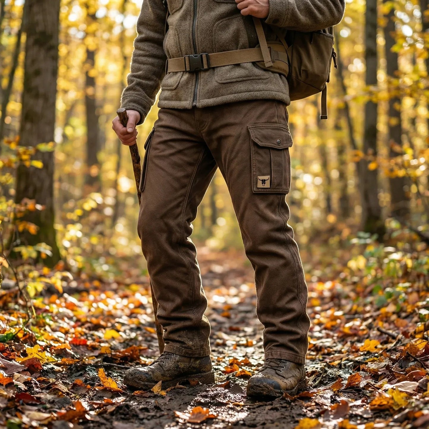 Men's Tapered Slim-Fit Cargo Trousers with Bull Patch