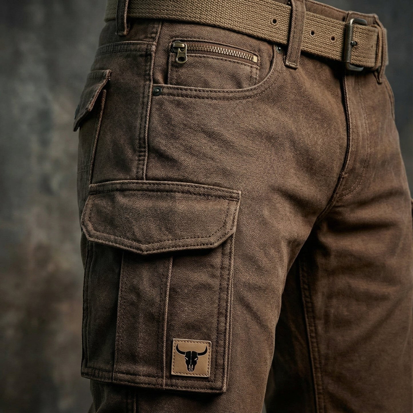 Men's Tapered Slim-Fit Cargo Trousers with Bull Patch