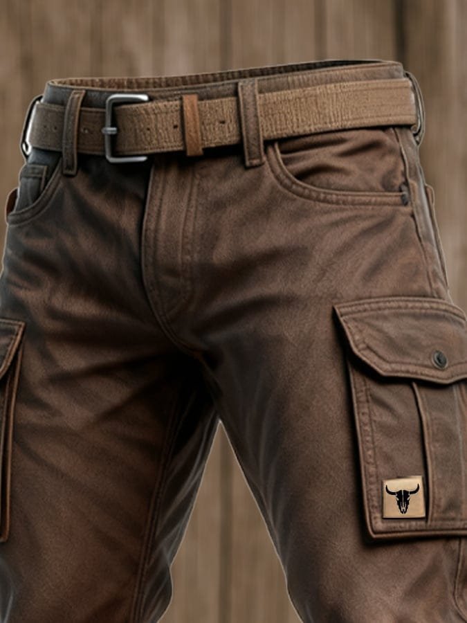 Men's Tapered Slim-Fit Cargo Trousers with Bull Patch