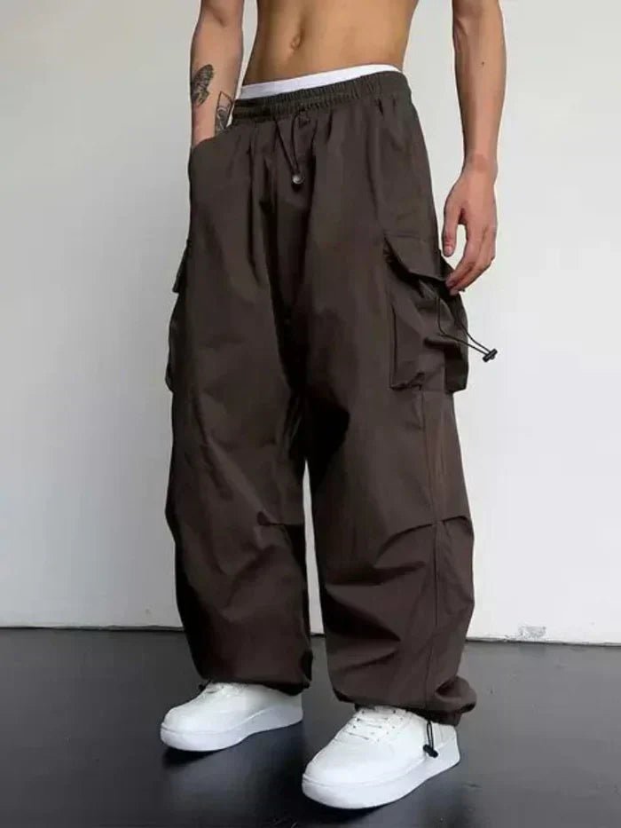 Men's Wide Cargo Trousers with Elastic Waist and Cinch Cuffs