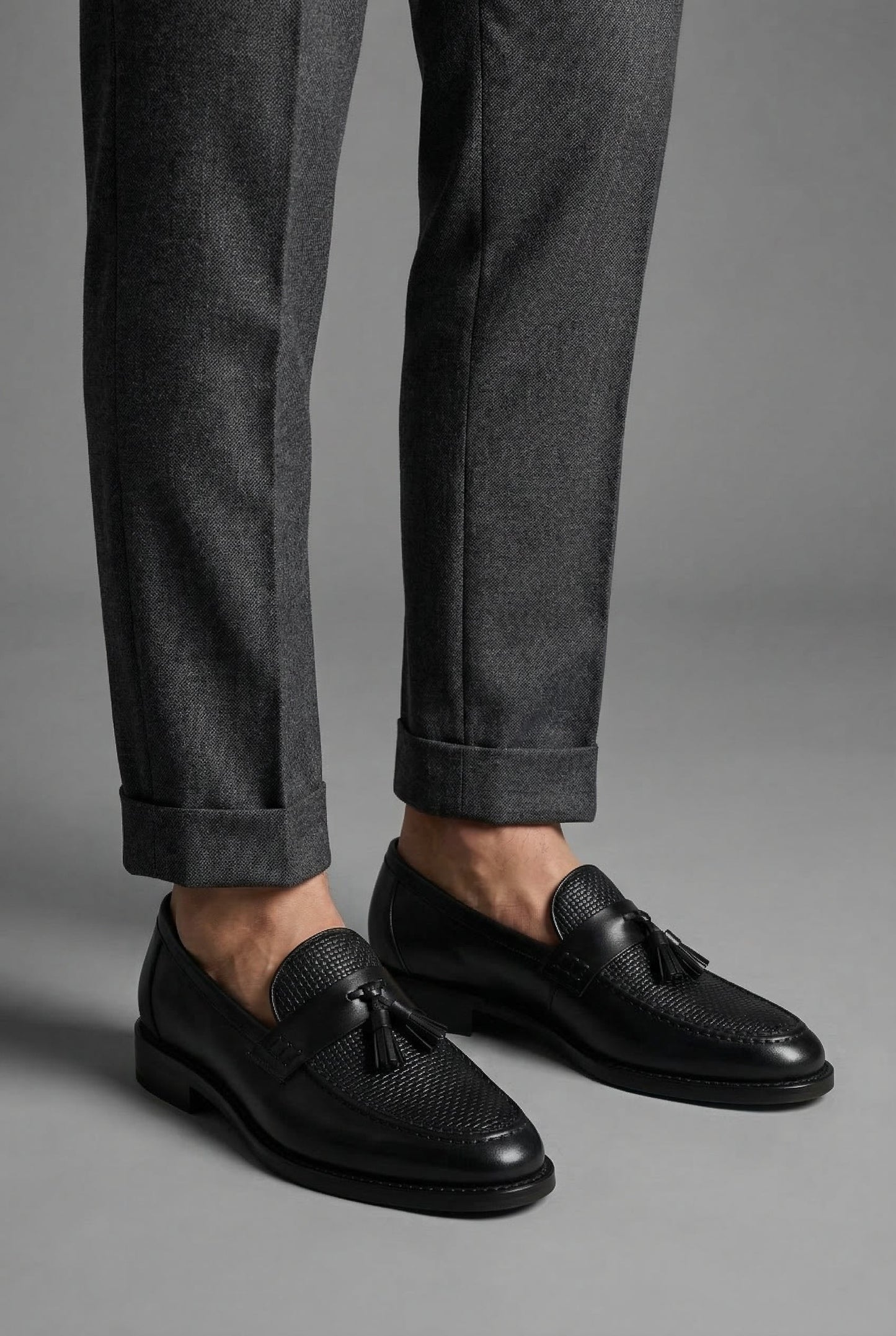 Men's Black Braided Slip-On Tassel Loafers