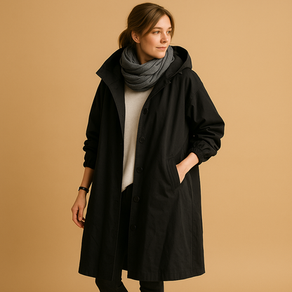 Women's Button-Front Long Hooded Casual Coat