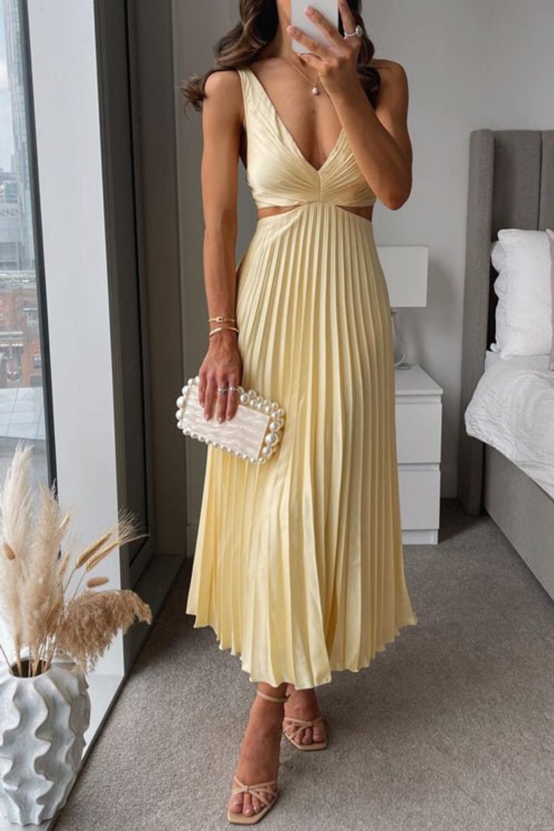 V-Neck Pleated Maxi Mother of the Bride Dress, Sleeveless