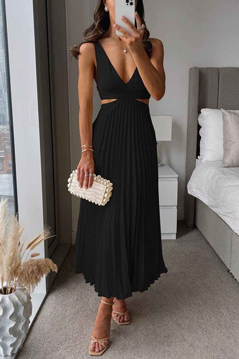 V-Neck Pleated Maxi Mother of the Bride Dress, Sleeveless