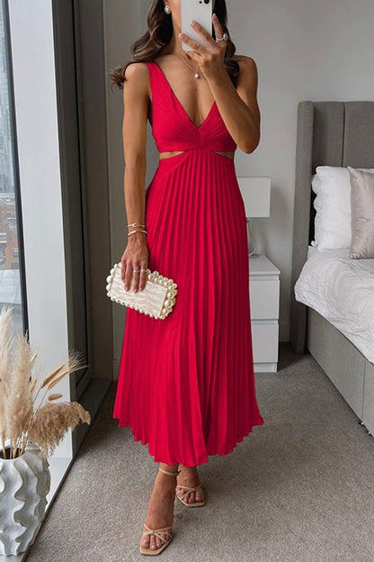 V-Neck Pleated Maxi Mother of the Bride Dress, Sleeveless