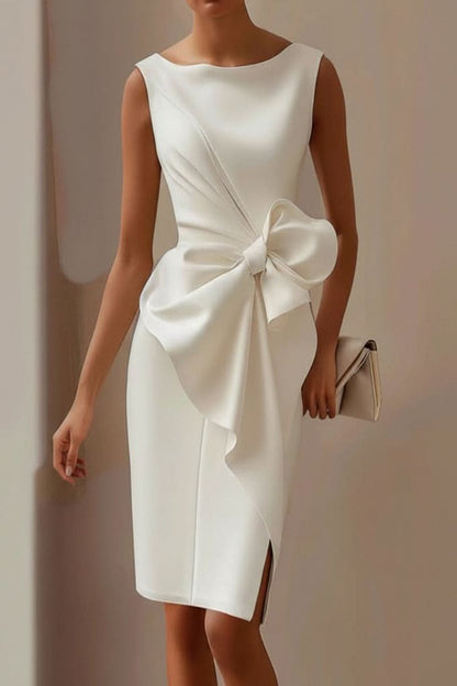 Women's Sleeveless Slit Midi Cocktail Dress with Bow Accent