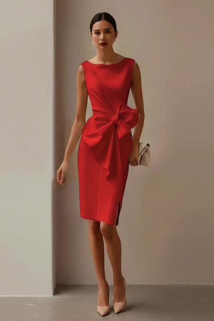Women's Sleeveless Slit Midi Cocktail Dress with Bow Accent