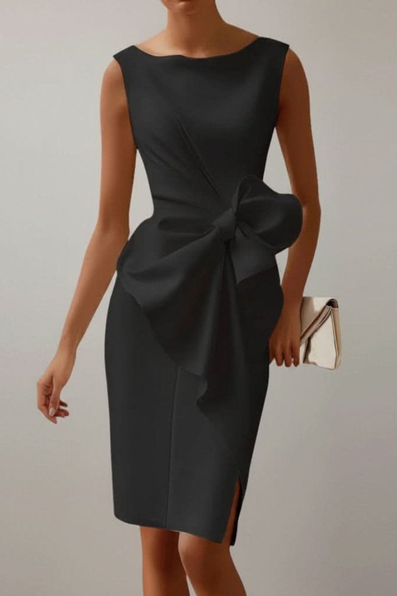 Women's Sleeveless Slit Midi Cocktail Dress with Bow Accent