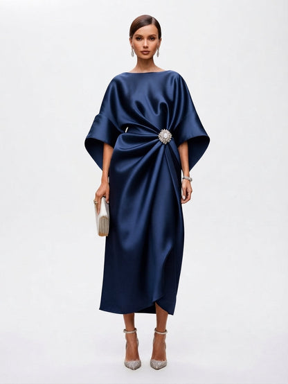 Women's Brooch-Accented Draped Sophisticated Maxi Dress
