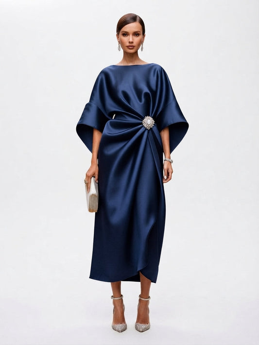 Women's Brooch-Accented Draped Sophisticated Maxi Dress