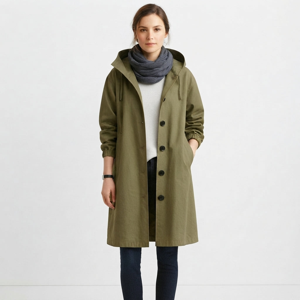 Women's Button-Front Long Hooded Casual Coat