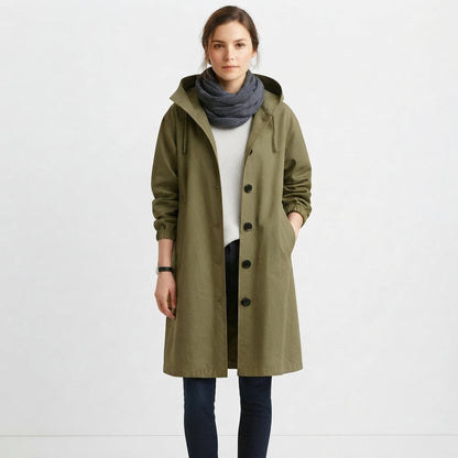 Women's Button-Front Long Hooded Casual Coat
